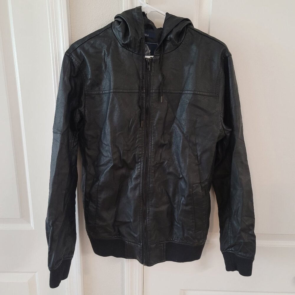American Rag Men's Faux Leather Hooded Bomber Jacket Black Zip Up Size Small